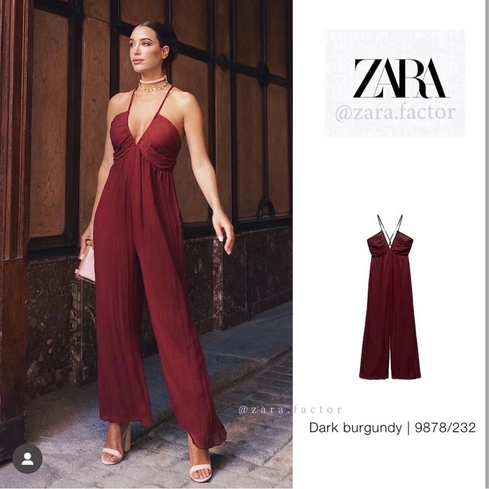Zara burgundy V-neck crisscross spaghetti strap wide leg jumpsuit Sz S NWT - Picture 4 of 16